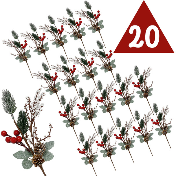BANBERRY DESIGNS Pine Berry Christmas Picks with White Pip and Red Holly Berries - Set of 10 - Pinecone Floral Sprays with Bendable Stems - 11" H