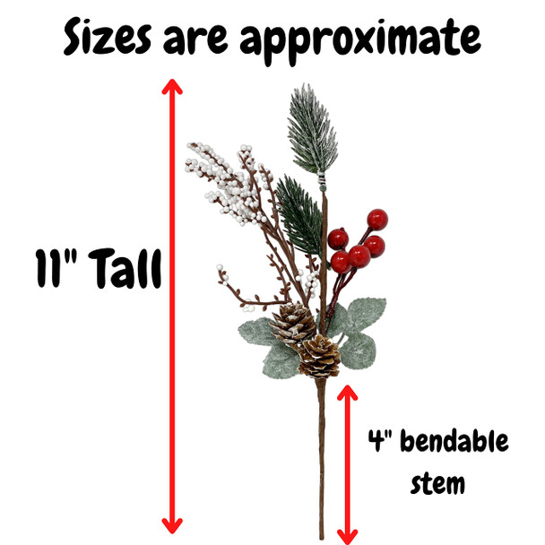 BANBERRY DESIGNS Pine Berry Christmas Picks with White Pip and Red Holly Berries - Set of 10 - Pinecone Floral Sprays with Bendable Stems - 11" H
