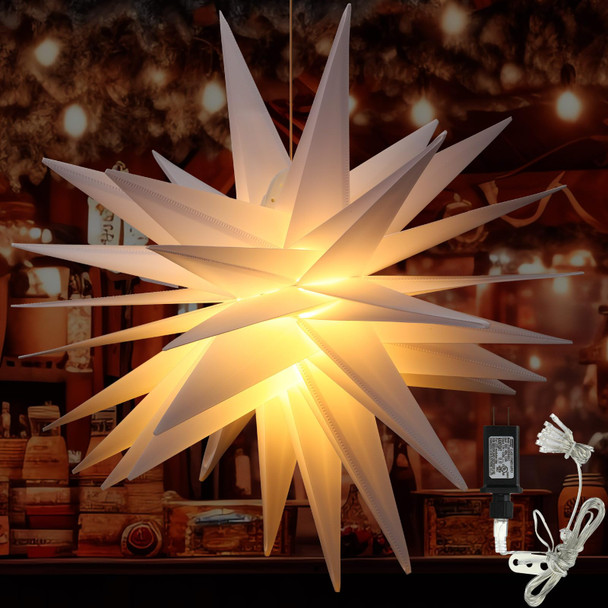 23.62 Inch 36 Angle Large Moravian Light Tree Topper White Moravian Star Shaped Light Plastic LED Christmas Light 3D Star Lantern Hanging Star Hanging Outdoor Christmas Light Advent Star