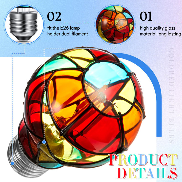 2 Pcs Stained Glass LED Light Bulb E26 Base Colorful Lightbulb 120V Flickering Lightbulb Bulbs for Christmas Xmas Home Balcony Garden Party Decoration (A60)