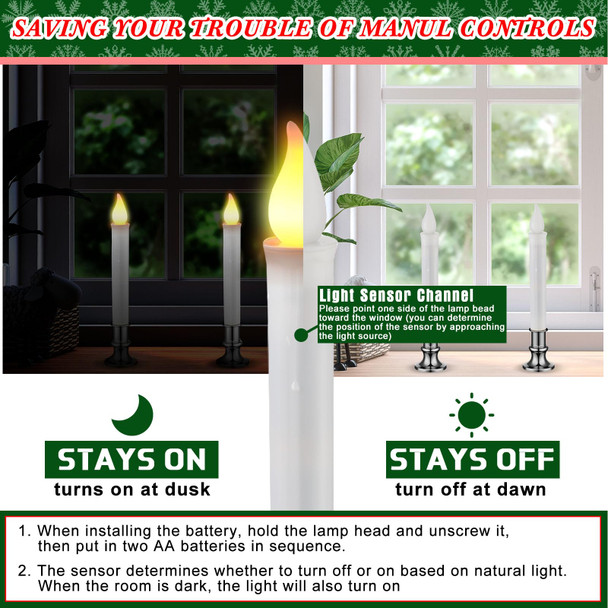 8 Pcs Christmas LED Window Candles with Sensor Dusk to Dawn Light Sensor 9.37 Inches Cordless Flameless Battery Taper Candles with Flickering Amber Flame for Home Decor (Silver)