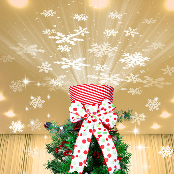 Christmas Tree Topper Hat Lighted with Snowflake Projector, White Bow with Red and Green Extended Ribbon Top Hat for Xmas Tree Decoration Festive Ideas Supplies