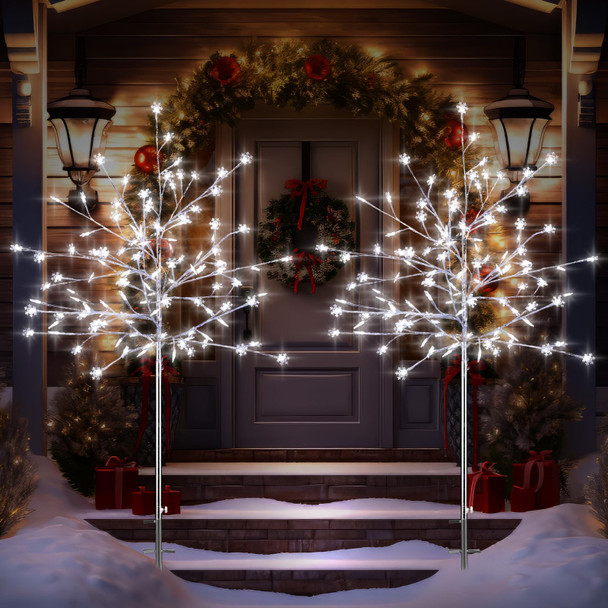 2 Pack 5Ft Outdoor Christmas Decoration Pathway Light Stake Frosty Snowflake Christmas Tree White Light Pre Lit for Outside Yard Garden Lawn Patio Walkway Christmas Holiday Decoration