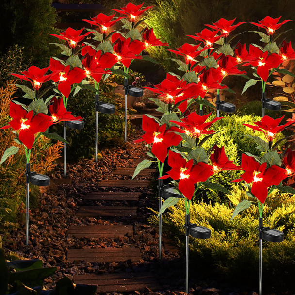 12 Pcs Solar Poinsettia Stakes Lights, IP65 Waterproof Solar Flower Lights Landscape Lighting Simulation LED Lights Suitable for Christmas Pathway Garden Yard Lawn Outdoor Decoration