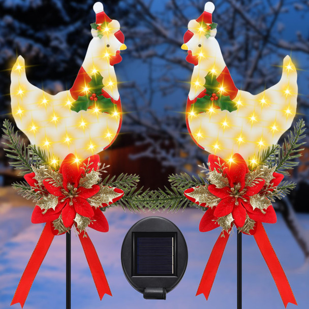 2 Pack Solar Christmas Stake Lights, LED Xmas Chicken Metal Stake Lights with Poinsettia, Cemetery Grave Decorations, Christmas Pathway Lights for Garden Yard Lawn Outside, 32 Inches