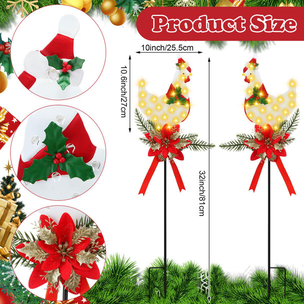 2 Pack Solar Christmas Stake Lights, LED Xmas Chicken Metal Stake Lights with Poinsettia, Cemetery Grave Decorations, Christmas Pathway Lights for Garden Yard Lawn Outside, 32 Inches