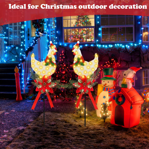 2 Pack Solar Christmas Stake Lights, LED Xmas Chicken Metal Stake Lights with Poinsettia, Cemetery Grave Decorations, Christmas Pathway Lights for Garden Yard Lawn Outside, 32 Inches