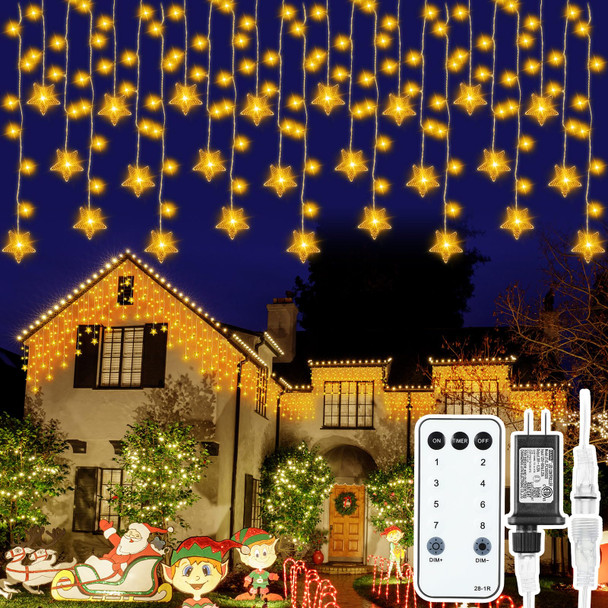 Christmas Star Icicle Lights Outdoor Decorations, 33 ft 380 LEDs 76 Drops, 8 Modes Memory Timer Remote, Connectable Plug in Waterproof Curtain String Lights for Holiday Wedding Decor(Warm White)