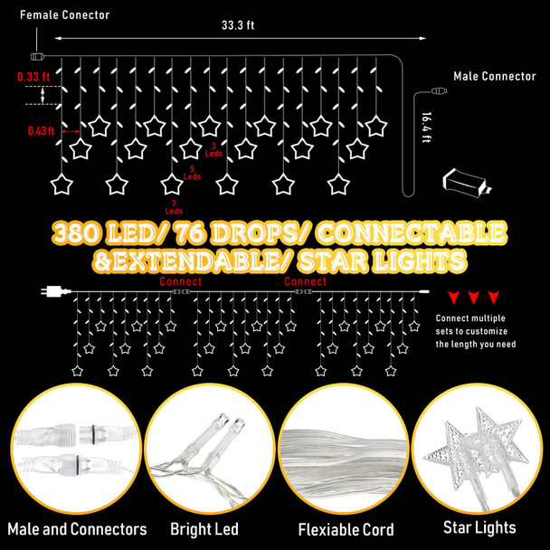 Christmas Star Icicle Lights Outdoor Decorations, 33 ft 380 LEDs 76 Drops, 8 Modes Memory Timer Remote, Connectable Plug in Waterproof Curtain String Lights for Holiday Wedding Decor(Warm White)