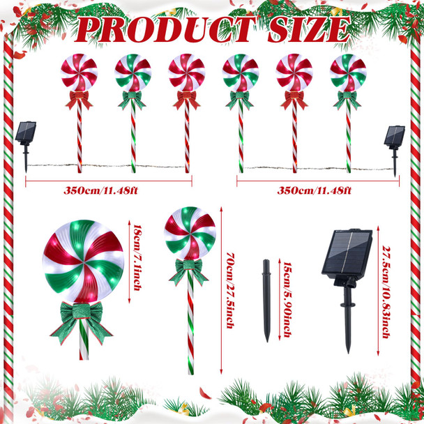 6 Pack 27.5" Christmas Lollipop Pathway Lights with Bows Outdoor Green Red White Solar Lights Christmas LED Decor with 8 Lighting Modes Candy Cane Lollipops Peppermint Stake Lights