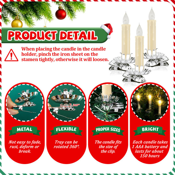 60 Pcs LED Christmas Tree Candles Set 30 Christmas LED Taper Flameless Candles with Remote Timer and 30 Christmas Tree Candle Holder Clip Flower Shape Candles Clips for Christmas Tree (Silver)