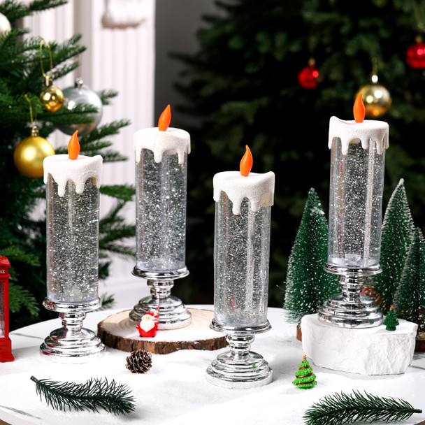4 Packs Christmas LED Battery Operated Candles Flickering Flameless Xmas Candle with Pedestal Glitter Swirling Pillar USB Rechargeable Light Candles for Xmas Party s Home Indoor Decor