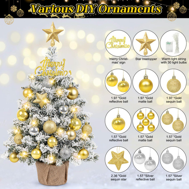24 Inch Tabletop Mini Christmas Tree, Snow Flocked Prelit Artificial Small Christmas Tree with Lights, Star Treetopper and Hanging Ornaments for DIY Christmas Decorations for Home Party
