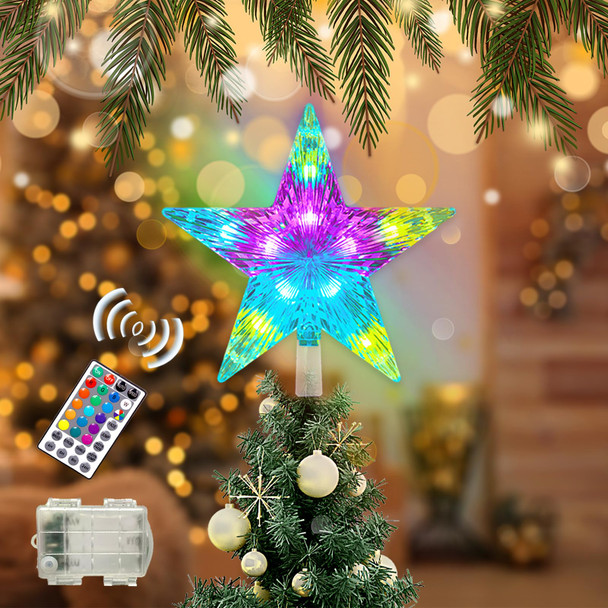 Christmas Star Tree Topper Lights 9.5inch 10LED Multicolour with Versatile Remote Controller 3AA Battery Powered Star Treetop Light for Xmas Tree Decoration （Indoor and Outdoor ）