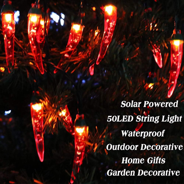 23FT 50LED Garden Solar Christmas Lights Outdoor, Red Chili Pepper String Lights-Waterproof LED Kitchen Christmas Solar Decorative Lights for Tree, Lawn, Patio, Yard, Home, Party, Porch Decor