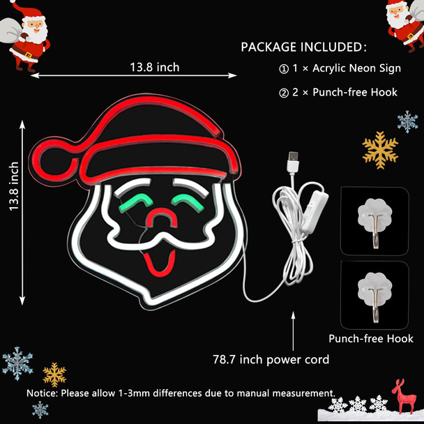 Santa Claus Neon Sign, Christmas LED Neon Signs for Wall Decor,Christmas Acrylic Neon Light Signs with USB/Swicth for Bedroom Teen Kid Party Decoration