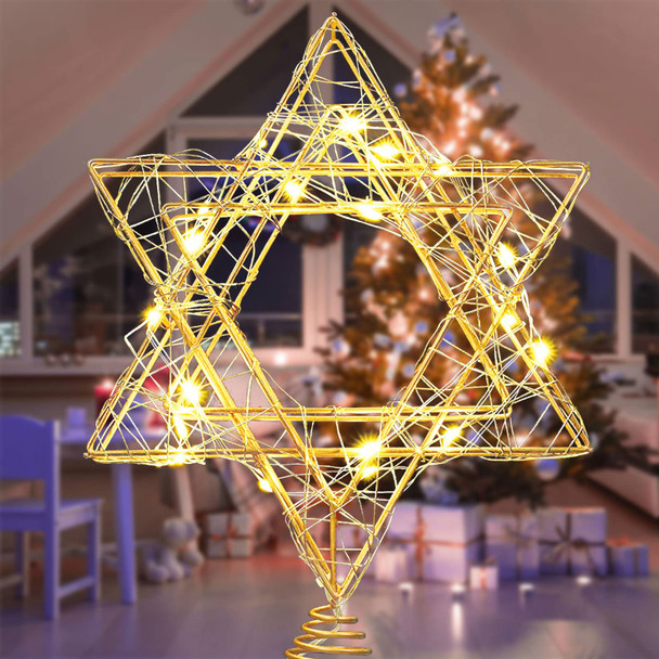 11 Inch Christmas Tree Star Topper 3AA Battery Powered Christmas Tree Topper Lighted, Gold Iron Christmas Tree Star Topper with 20LED Lights, for Christmas, Party & Home(Warm Light)