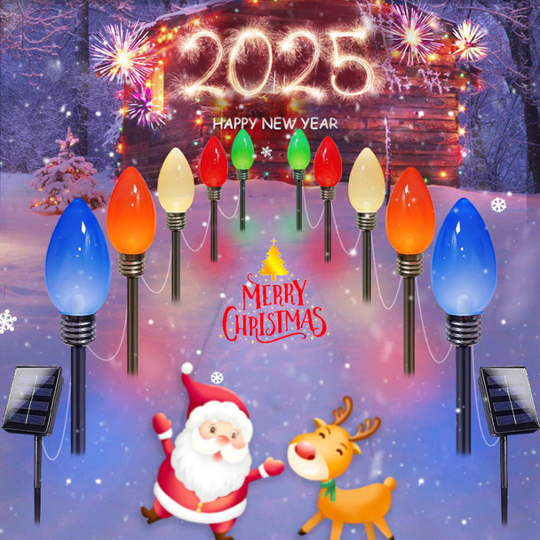 d 10 Pack Jumbo Multicolor Solar C9 Christmas Lights Outdoor Decorations for Yard Pathway, Waterproof Super Bright LED String Lights Covered Jumbo Multicolored Bulb with Stakes