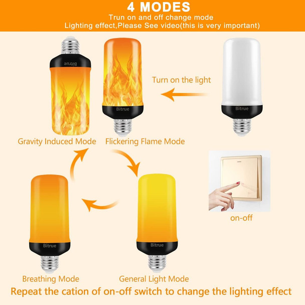 Bitrue LED Flame Effect Light Bulb, 4 Modes Flame Light Bulbs, E26 Base Fire Light Bulb with Gravity Sensor,Flickering Light Bulbs Halloween Home Party(4 Pack)