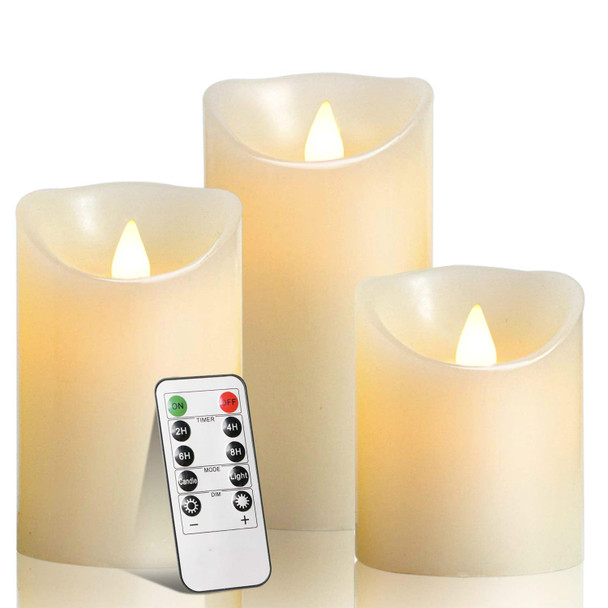 Flameless Battery Operated LED Candles with10key Button Remote Control 24-Hour Timer Set of 3 Electric Flickering Pillar Real Wax，Wedding, Party, Christmas and Home Decoration