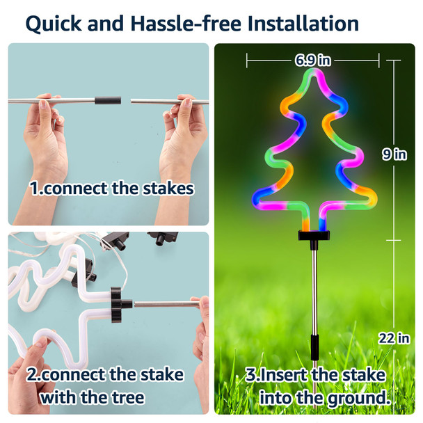 BlcTec Christmas Decorations Outdoor, 4PCS Neon Christmas Tree Shape String Lights with Stainless Steel Stakes, Waterproof Xmas Tree Stakes Lights for Garden, Patio, Yard Christmas Décor, Multicolor