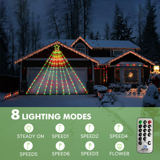BlcTec Outdoor Christmas Decorations, 352 LED Christmas Star Lights with 9 Strands 11.7ft Waterfall Christmas Tree Lights, 8 Modes, Waterproof, Timer for Yard Patio Xmas Décor, Flowing Red and Green