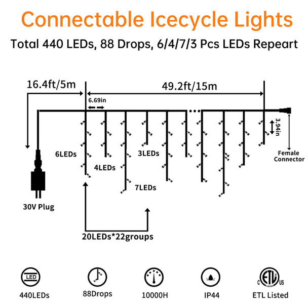 Blingstar Icicle Lights Christmas Lights Outdoor 49.2 Ft 440 LED Extendable Dripping Lights 8 Modes Warm White Icecycle String Lights Cascade for Indoor Outside Xmas Holiday House Decor, Clear Wire Blingstar Icicle Lights Christmas Lights Outdoor 49.2 Ft 440 LED Extendable Dripping Lights 8 Modes Warm White Icecycle String Lights Cascade for Indoor Outside Xmas Holiday House Decor, Clear Wire