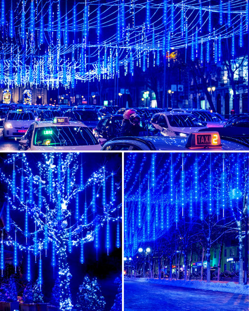 Blingstar Meteor Shower Lights Outdoor 10Tubes 16 Inch 360 LED Christmas Lights Waterproof Falling Rain Lights Plug in Dripping Icicle Lights for Tree Porch Roof Yard Xmas Halloween Decoration, Blue