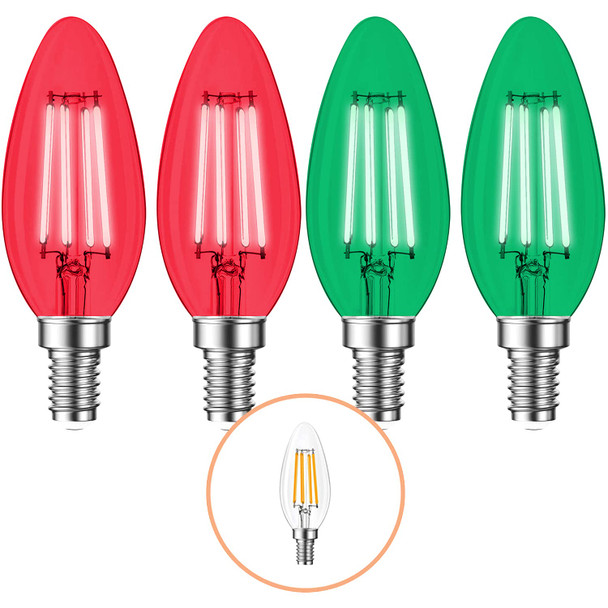 4 Pack Filament E12 Candelabra LED Christmas Light Bulbs - 4W 40 Watt Equivalent E12 Candelabra Base - Vintage LED Decor Red Light Bulbs Green Light Bulbs Party Christmas Lights