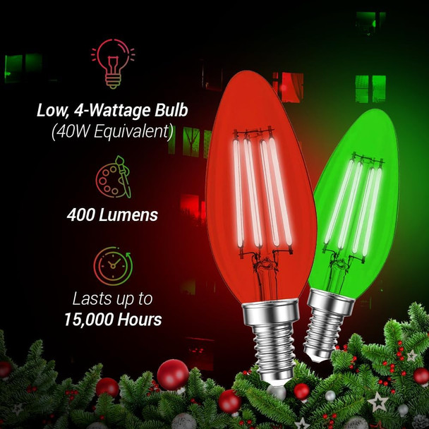 4 Pack Filament E12 Candelabra LED Christmas Light Bulbs - 4W 40 Watt Equivalent E12 Candelabra Base - Vintage LED Decor Red Light Bulbs Green Light Bulbs Party Christmas Lights