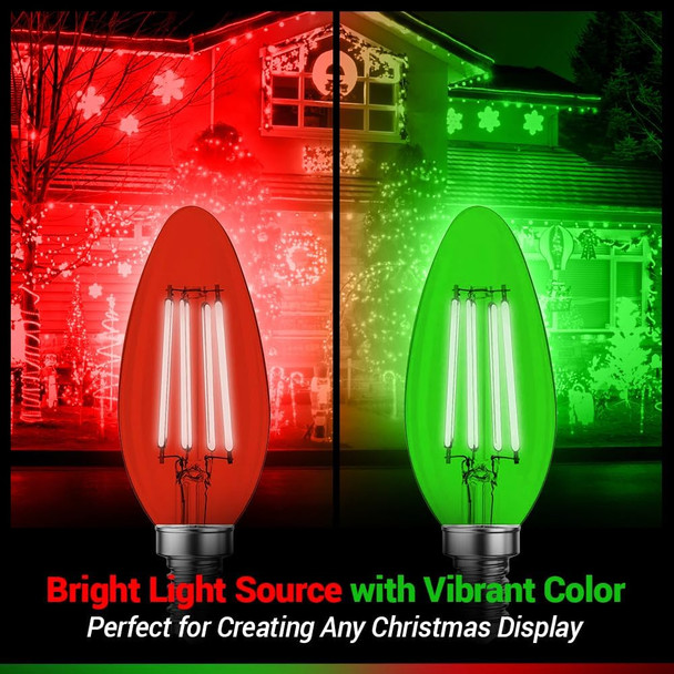 4 Pack Filament E12 Candelabra LED Christmas Light Bulbs - 4W 40 Watt Equivalent E12 Candelabra Base - Vintage LED Decor Red Light Bulbs Green Light Bulbs Party Christmas Lights