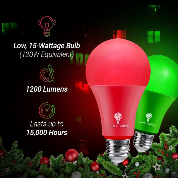 4 Pack BlueX LED A21 Red Green Light Bulbs - 15W (120Watt Equivalent) - E26 Base Red Green LED Red Bulb, Party Decoration, Porch, Home Lighting, Holiday Lighting