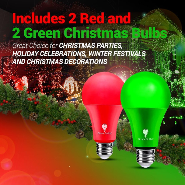 4 Pack BlueX LED A21 Red Green Light Bulbs - 15W (120Watt Equivalent) - E26 Base Red Green LED Red Bulb, Party Decoration, Porch, Home Lighting, Holiday Lighting