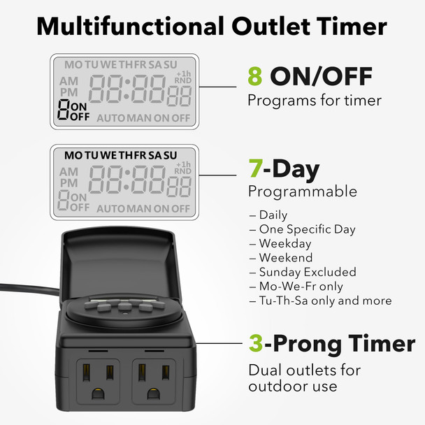 BN-LINK 7 Day Outdoor Heavy Duty Digital Programmable Timer BND/U78, 125VAC, 60Hz, Dual Outlet, Weatherproof, Heavy Duty, Accurate for Lamps Ponds Christmas Lights 1875W 1/2HP ETL Listed BN-LINK 7 Day Outdoor Heavy Duty Digital Programmable Timer BND/U78, 125VAC, 60Hz, Dual Outlet, Weatherproof, Heavy Duty, Accurate for Lamps Ponds Christmas Lights 1875W 1/2HP ETL Listed