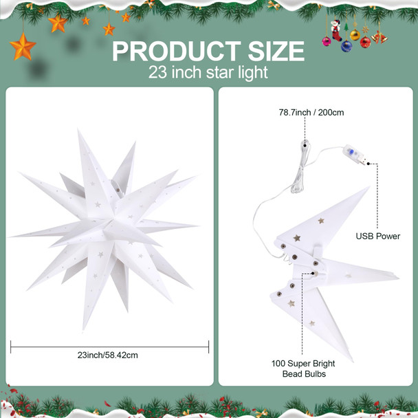 23" Moravian Star Outdoor Light, Waterproof 3D Christmas Tree Topper Lamp with Timer Function, White Led Hanging Star Lantern for Holiday Porch Room Party Decoration(Plug in)