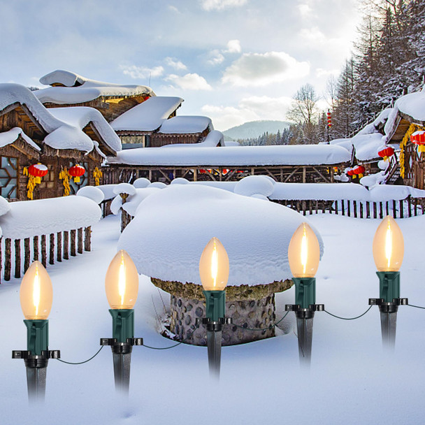 38FT Christmas String Lights C9 Outdoor Yard Decorations with Pathway Marker Stakes, E17 Base C9 Pathway Christmas Lights with 27 LED Warm White Light Bulb for Holiday Driveway Lawn Garden Decor