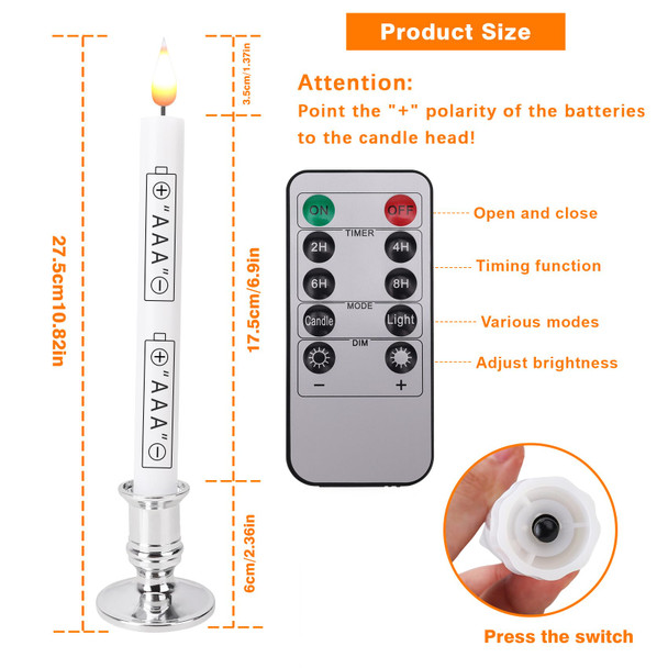 LED Flameless Window Candles with Remote Timer Sliver Base 10 PCS Battery Operated Flickering Taper Candle Lights with Removable Candle Holders Best for Xmas Wedding Home Dinner Décor