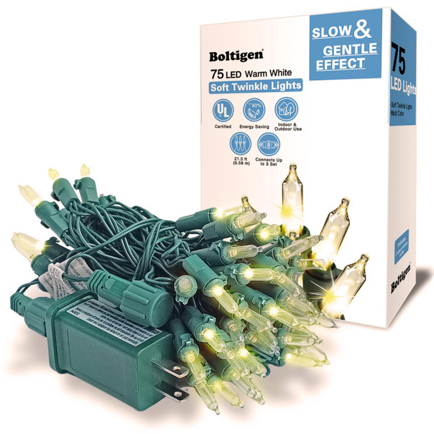 75 LED Soft Twinkle Lights, Slow Twinkling Christmas Lights, 37 of 75 Lights Twinkle, Waterproof Gentle String Lights, UL 28 Ft Connectable Indoor Outdoor Decoration (Warm White)