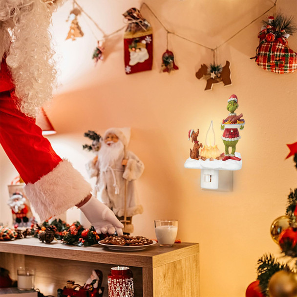 Grinnch Christmas Decorations, Ghost Campfire Flickering Nightlight Grinnch Holding Food Ornaments, Christmas Night Lights Plug into Wall Decorations for Wall Party Bedroom Living Room Hallway