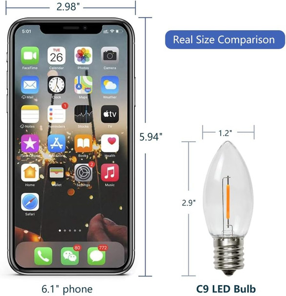 25 Pack C9 LED Replacement Light Bulb, C9 LED Bulbs for Christmas Outdoor String Lights, E17 Intermediate Base, Commercial Grade Holiday Bulbs 2200K