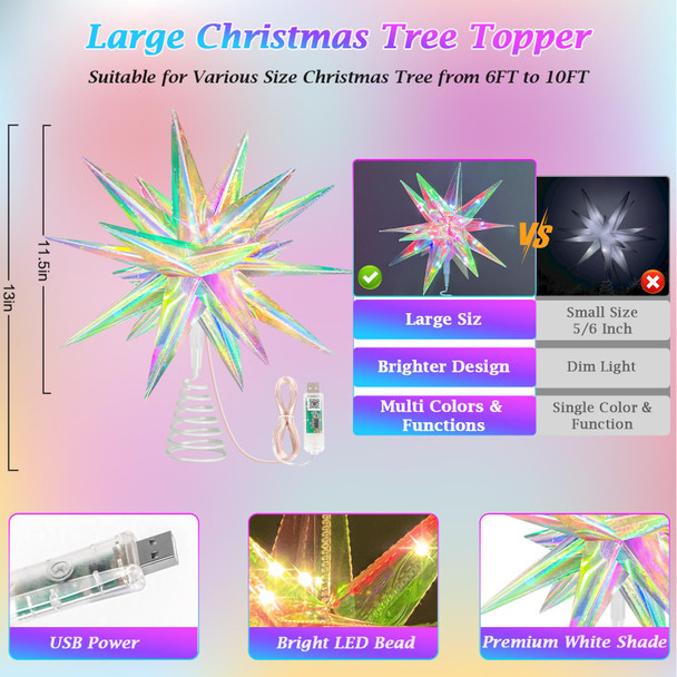 Christmas Star Tree Topper, 11” Smart Lighted Treetop Decoration with RGB Color Changing & Music Sync, Xmas Star Decor, Remote & Bluetooth App Control, Hanging Star Decor for Christmas Tree Holiday