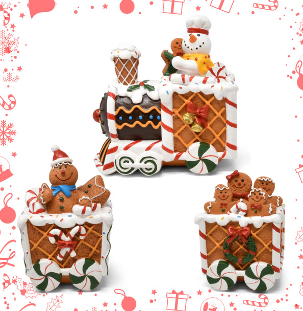 Boutique Christmas Gingerbread Express Train Table Decor 3 Piece Resin Holiday Xmas Trains Figurine Shelf Sitter Tabletop Centerpiece Party Supplies Decoration