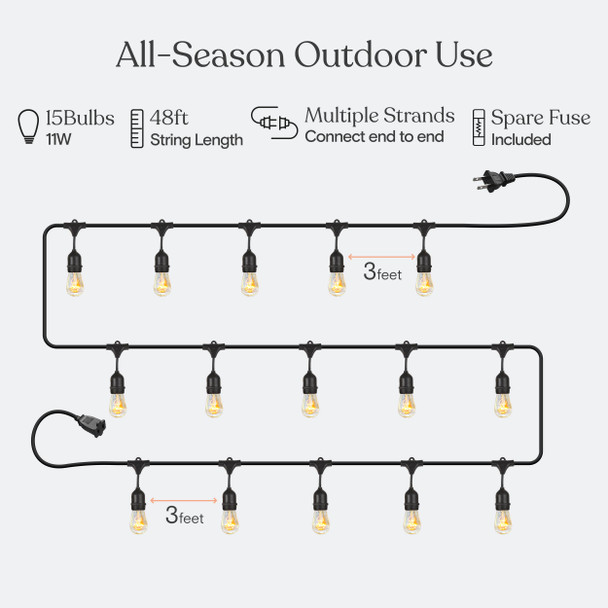 Brightech Ambience Pro Outdoor String Lights - Commercial Grade Waterproof Patio Lights with 48 Ft Dimmable Incandescent Edison Bulbs, Porch String Lights for Patio, Backyard - 15 Bulbs 11W