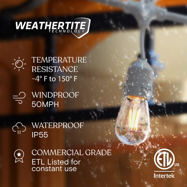 Brightech Ambience Pro Waterproof LED Outdoor String Lights, 48 Ft, Hanging, Dimmable Vintage Edison Bulbs, 15 Bulbs, 2W