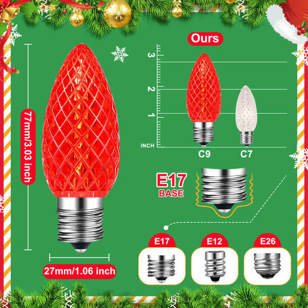 50 Packs C9 LED Christmas Light Bulbs Outdoor, Replacement Bulbs for Christmas String Lights, C9 Shatterproof LED Bulbs, Waterproof Dimmable Strawberry Lights Bulbs E17 Intermediate Base, Multicolor