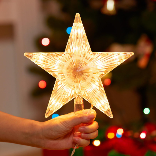 Christmas Tree Topper Lighted Star with Built-in 10 Replaceable Bulbs, 9.5” Clear Five-Pointed Star Tree Topper Plug in for Indoor Office Xmas Year Holiday Tree Decoration, Warm White Christmas Tree Topper Lighted Star with Built-in 10 Replaceable Bulbs, 9.5” Clear Five-Pointed Star Tree Topper Plug in for Indoor Office Xmas Year Holiday Tree Decoration, Warm White
