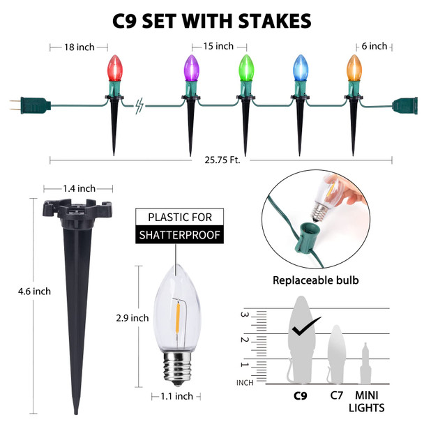 C9 Christmas String Lights Outdoor - 25.7 Feet 20 LED Christmas Pathway Lights with 20 Stakes Connectable Waterproof for Driveways Xmas Holiday Patio Decoration, Multicolored
