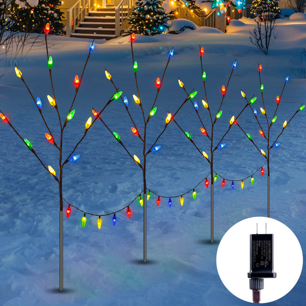 Brightown LED Twig Lights, 4 Packs Lighted Branches for Vases Plug in, C6 Driveway Christmas Lights, Outdoor Christmas Stems Outdoor Decorations Yard, Multicolor