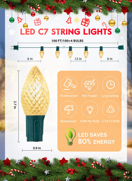 C7 LED Warm White Christmas Lights Outdoor, 100FT Christmas String Lights with 100 Plastic Bulbs, Traditional Hanging Holiday Lights for Christmas Tree Patio Fence Roofline Xmas Decorations