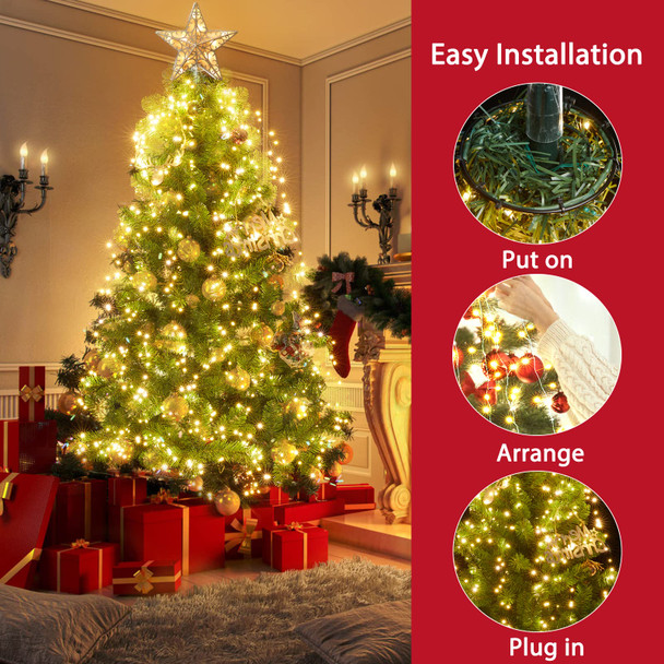 Christmas Tree Lights with Ring - 640 LED 7Ft Christmas Tree Decorations String Lights with 8 Modes & Remote, Waterproof for Indoor Outdoor Xmas Tree Decor, Warm White